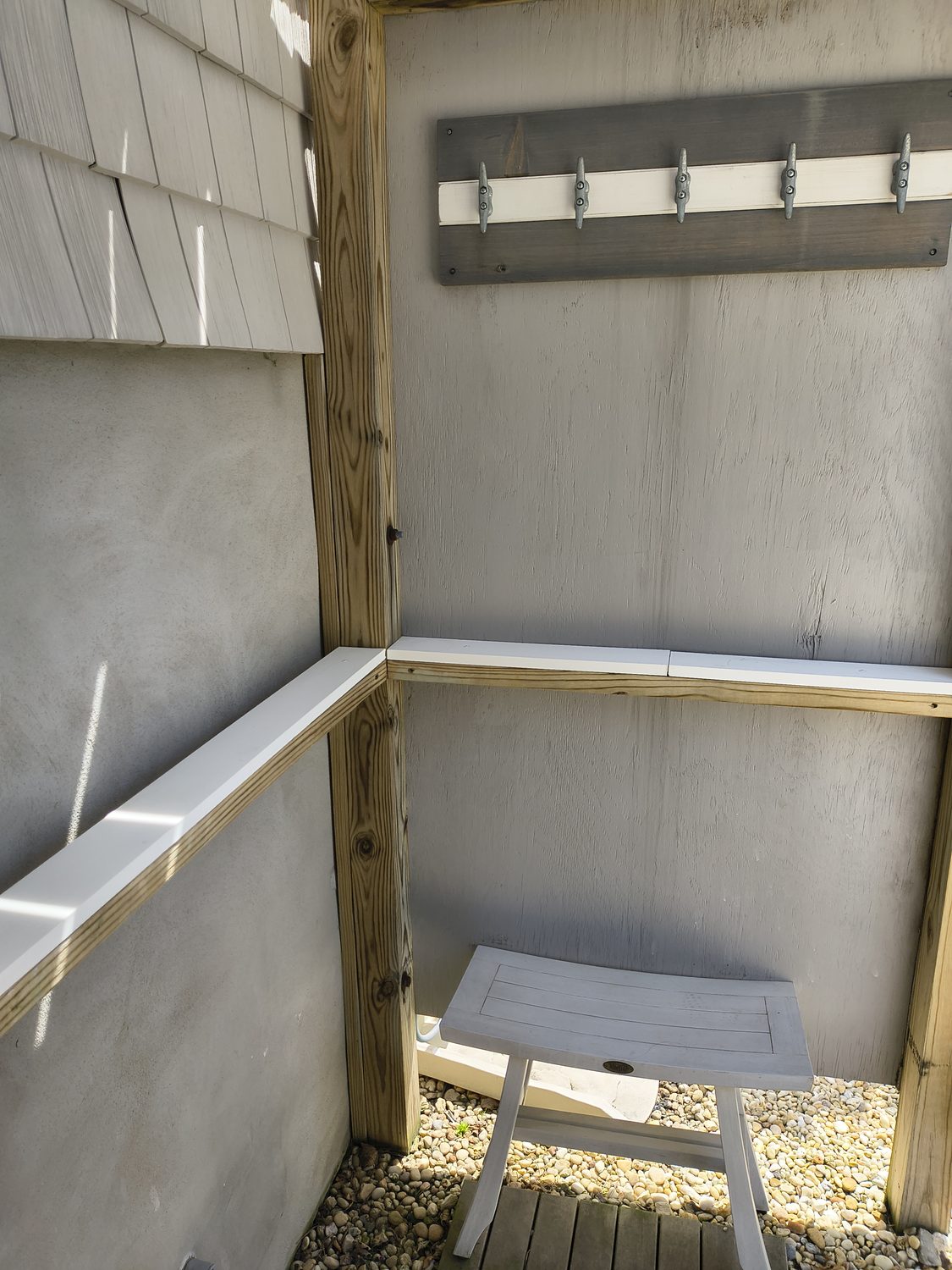 Changing area with boat cleat hooks